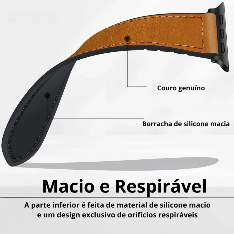 Pulseira Magnética de Couro Genuíno e Silicone para Apple Watch Band - Série 9, 8, 7, 6, SE, Ultra 2