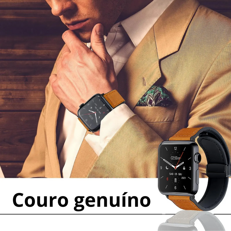 Pulseira Magnética de Couro Genuíno e Silicone para Apple Watch Band - Série 9, 8, 7, 6, SE, Ultra 2