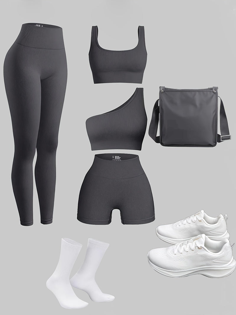 Conjunto feminino de 4 peças: legging, sutiã, shorts – Ideal para academia e atividades ao ar livre