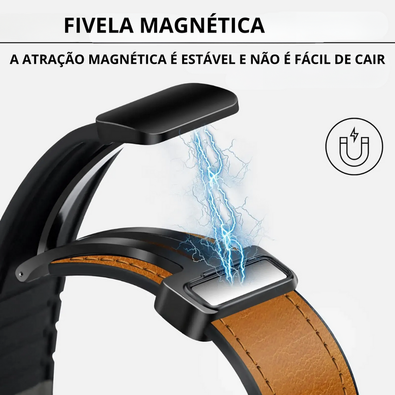 Pulseira Magnética de Couro Genuíno e Silicone para Apple Watch Band - Série 9, 8, 7, 6, SE, Ultra 2