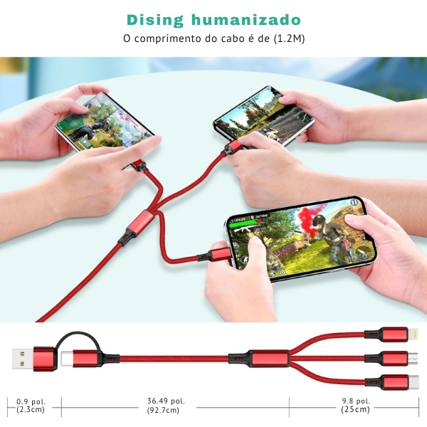 3 em 1 Cabo de Carregamento Rápido para IPhones, Micro USB Type C