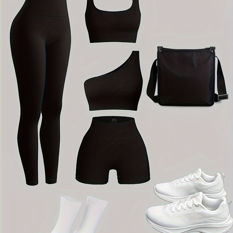 Conjunto feminino de 4 peças: legging, sutiã, shorts – Ideal para academia e atividades ao ar livre