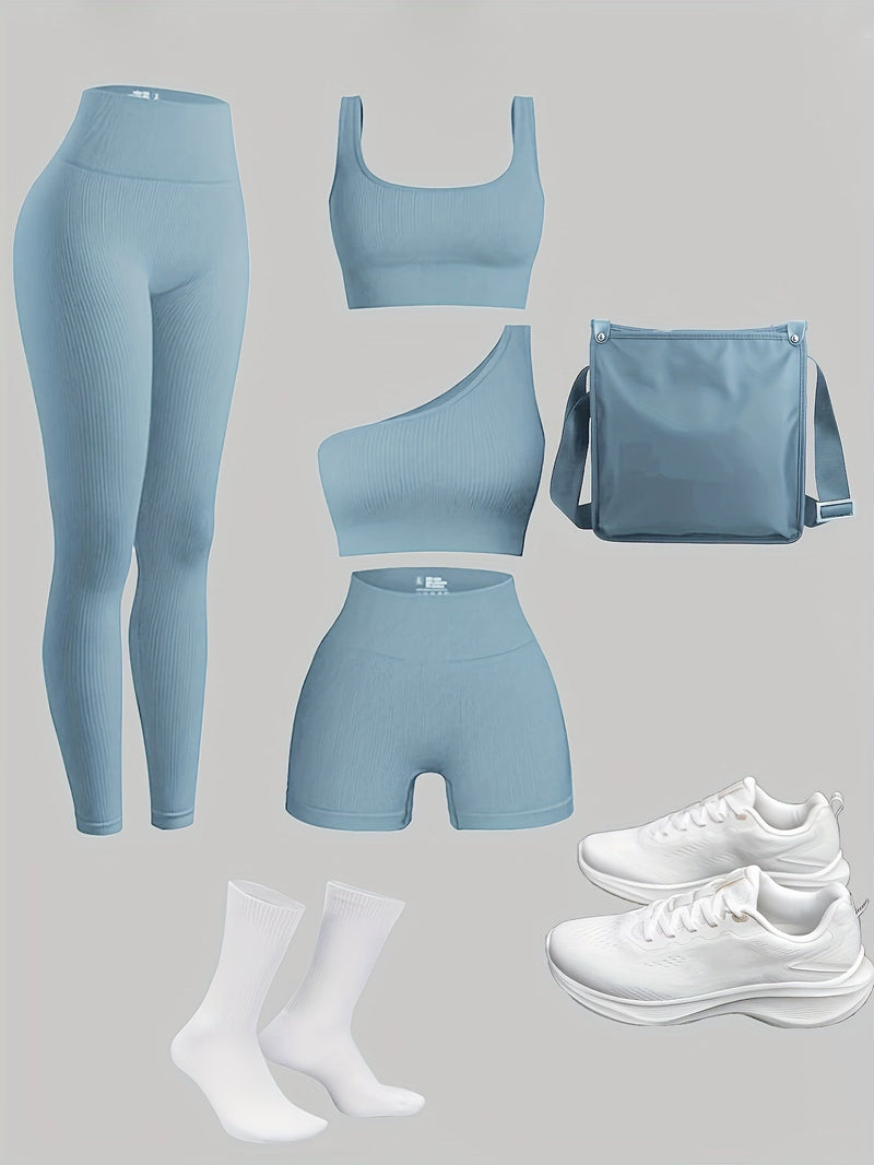 Conjunto feminino de 4 peças: legging, sutiã, shorts – Ideal para academia e atividades ao ar livre