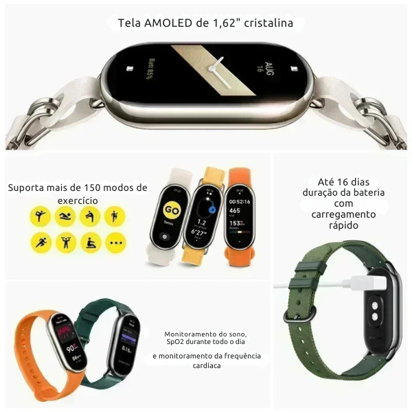 Xiaomi Relógio Mi Band 8 Global C/3 Pulseira + 1 Película - ESTREIA MUNDIAL