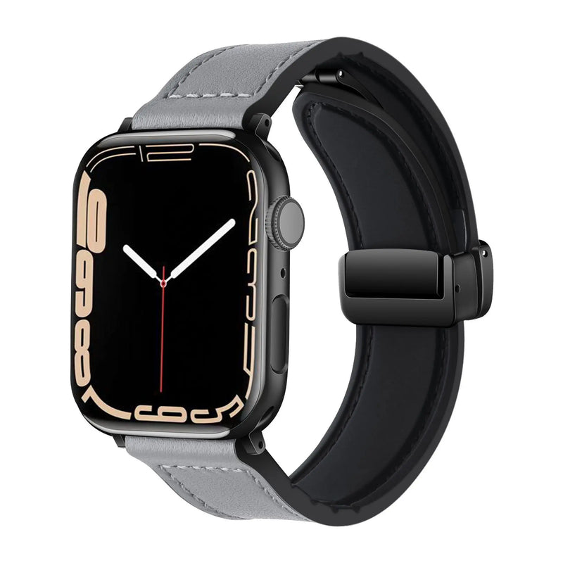 Pulseira Magnética de Couro Genuíno e Silicone para Apple Watch Band - Série 9, 8, 7, 6, SE, Ultra 2