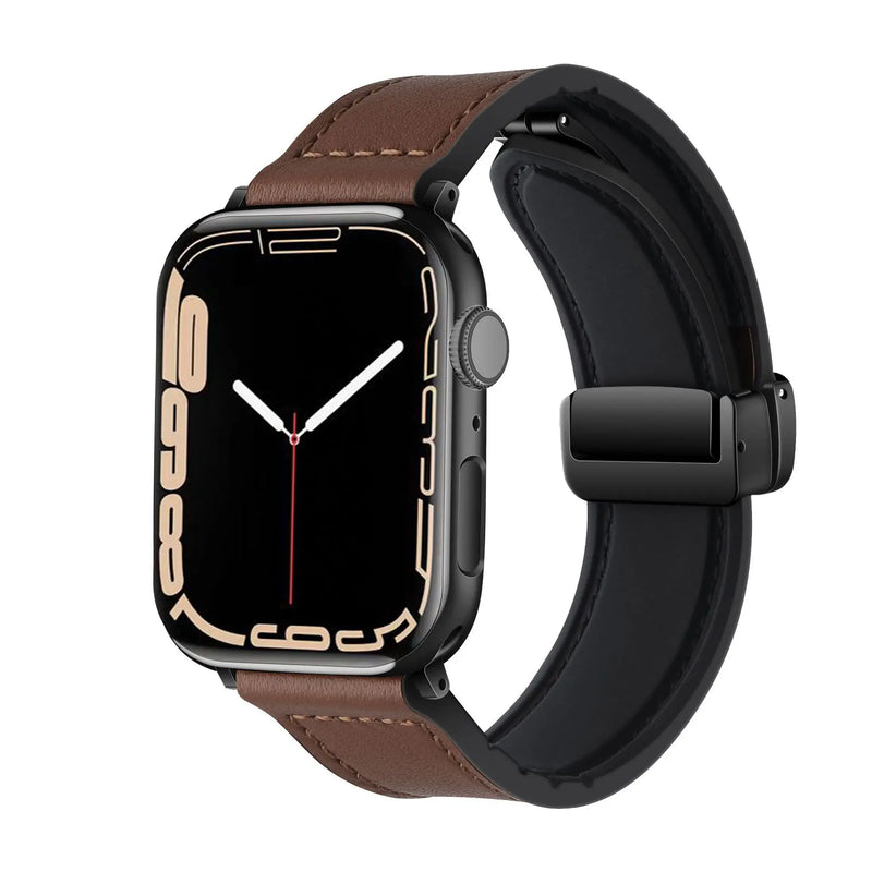 Pulseira Magnética de Couro Genuíno e Silicone para Apple Watch Band - Série 9, 8, 7, 6, SE, Ultra 2