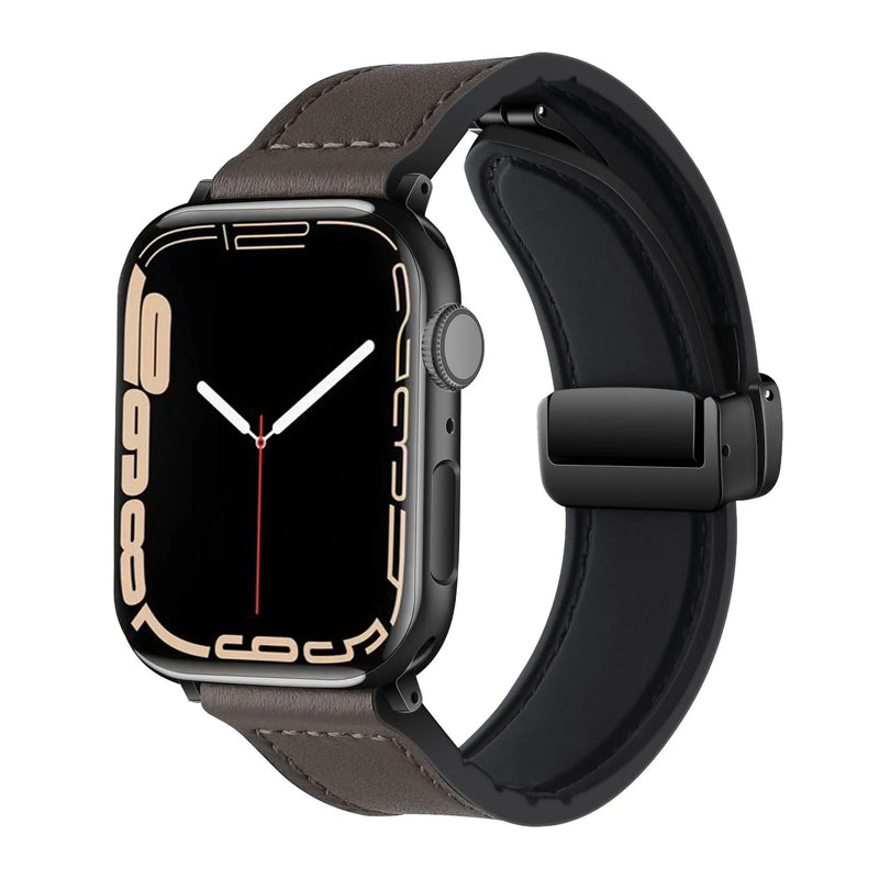 Pulseira Magnética de Couro Genuíno e Silicone para Apple Watch Band - Série 9, 8, 7, 6, SE, Ultra 2