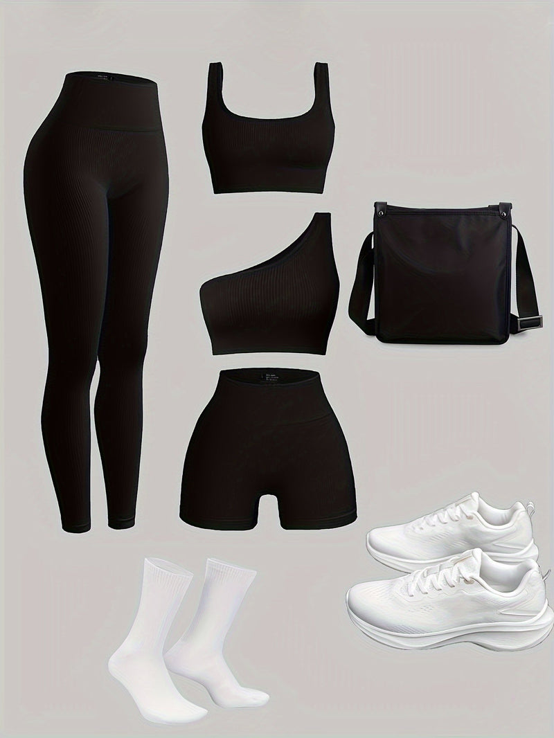 Conjunto feminino de 4 peças: legging, sutiã, shorts – Ideal para academia e atividades ao ar livre