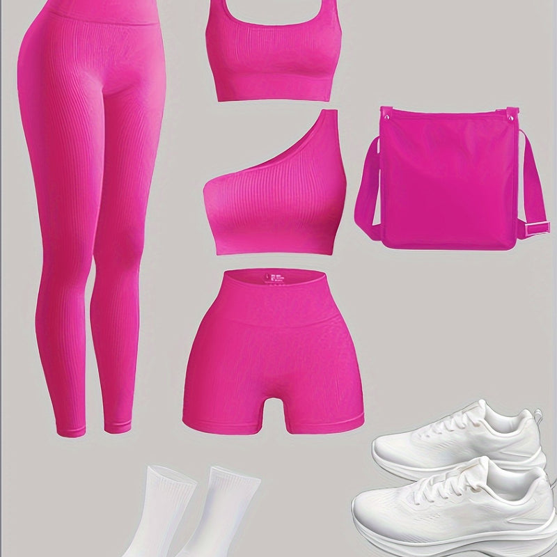 Conjunto feminino de 4 peças: legging, sutiã, shorts – Ideal para academia e atividades ao ar livre