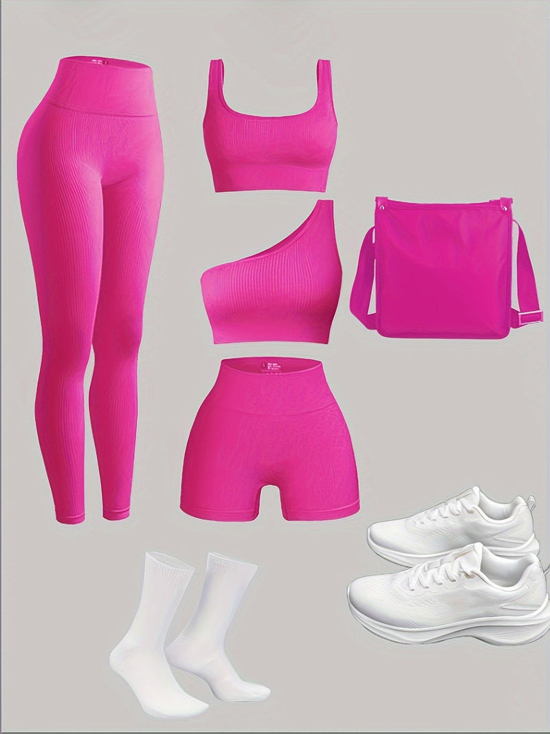 Conjunto feminino de 4 peças: legging, sutiã, shorts – Ideal para academia e atividades ao ar livre