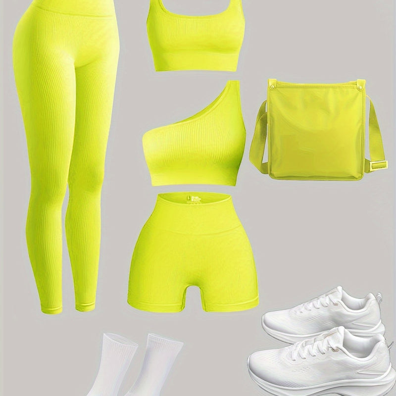 Conjunto feminino de 4 peças: legging, sutiã, shorts – Ideal para academia e atividades ao ar livre